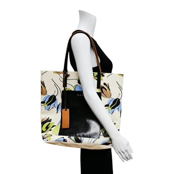 Marni Ivory Multicolor Floral Leather Trimmed Coated Canvas Tote Bag - Picture 4 of 13